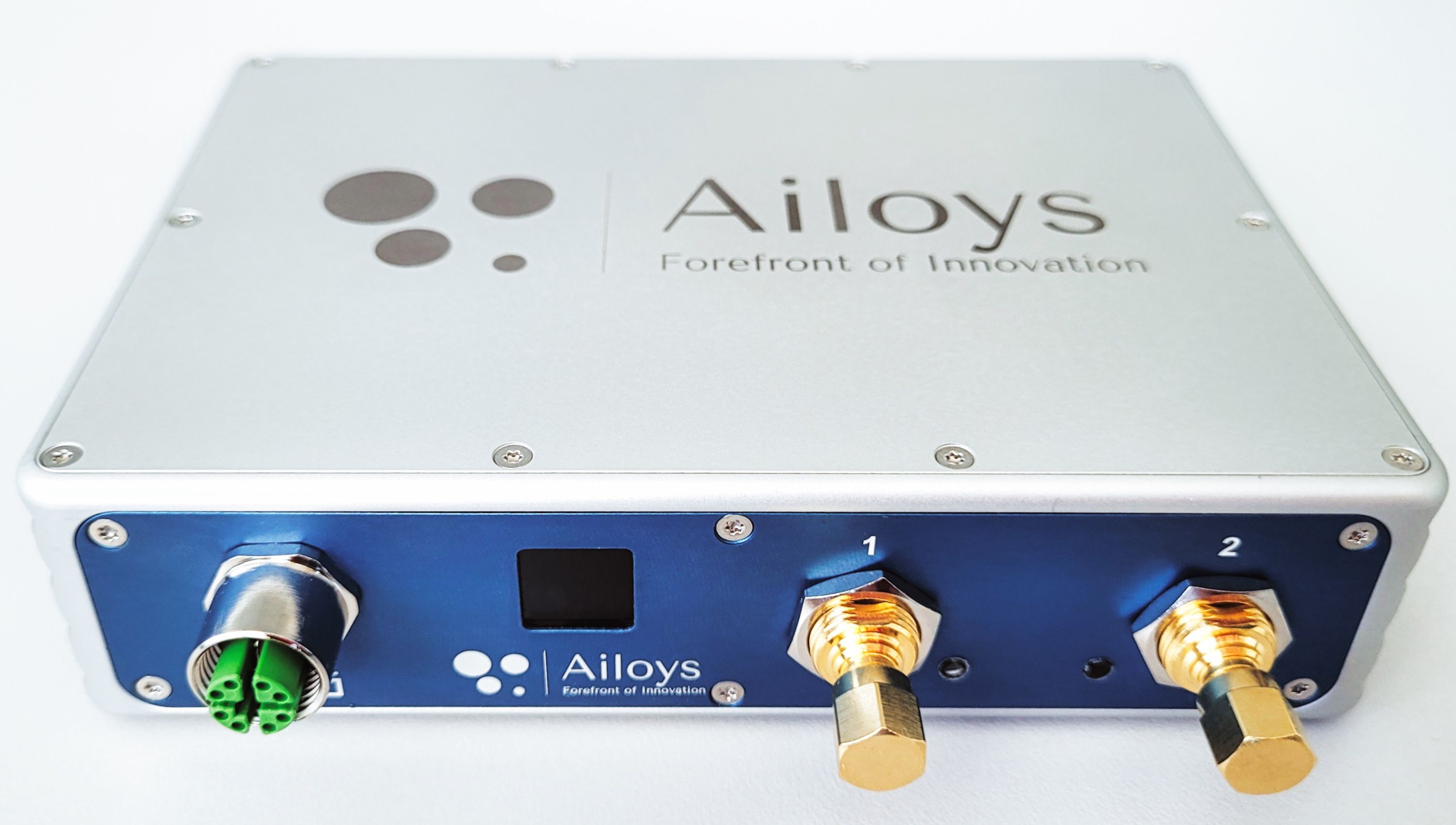 Ailoys Edge Device | Ailoys Edge device, an industrial AI unit with sensor and network ports, used for real-time acoustic process monitoring