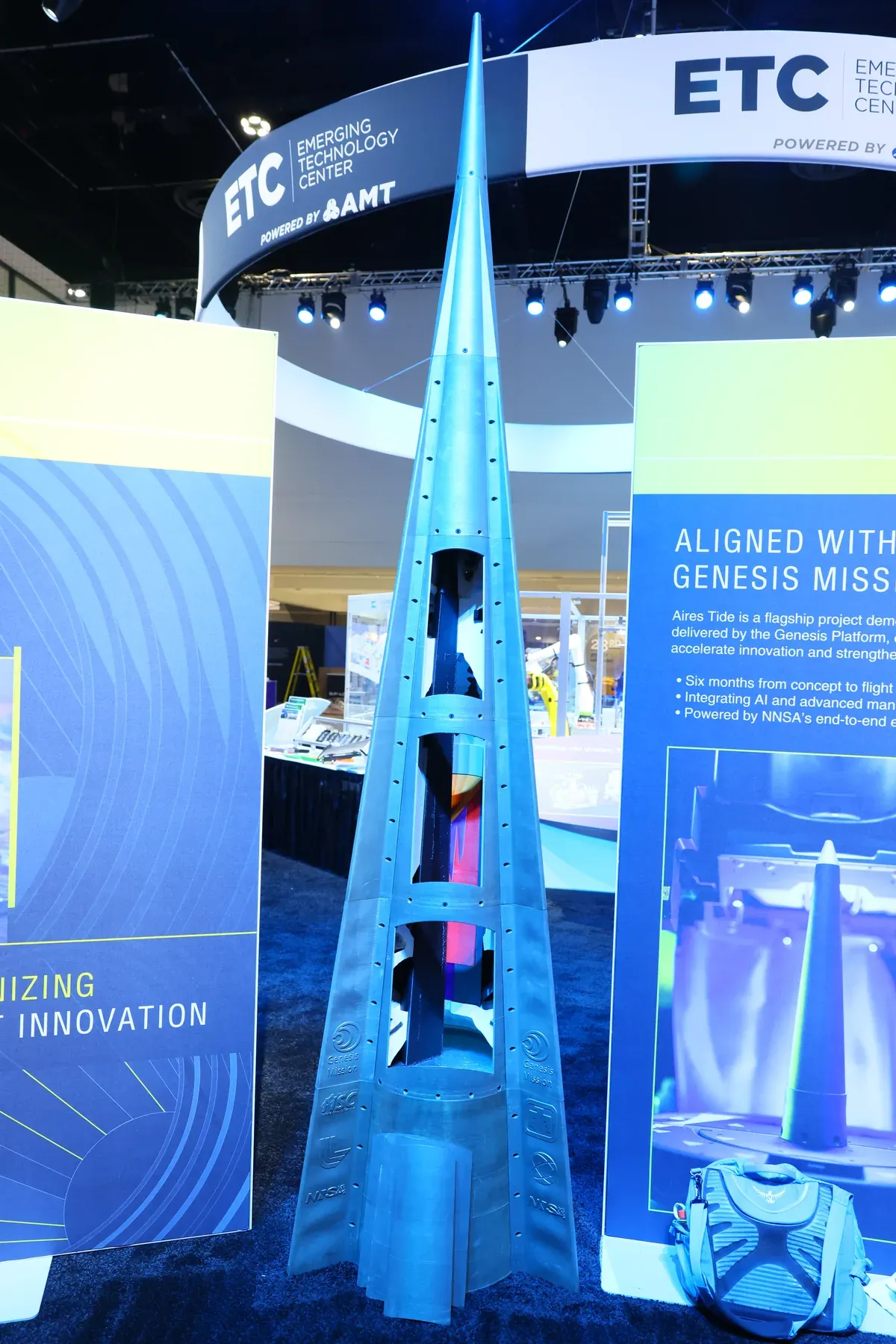 Aires Tide, an 11-foot AI-designed flight-test vehicle from Sandia National Laboratories, displayed in AMT's Emerging Technology Center at IMTS 2026