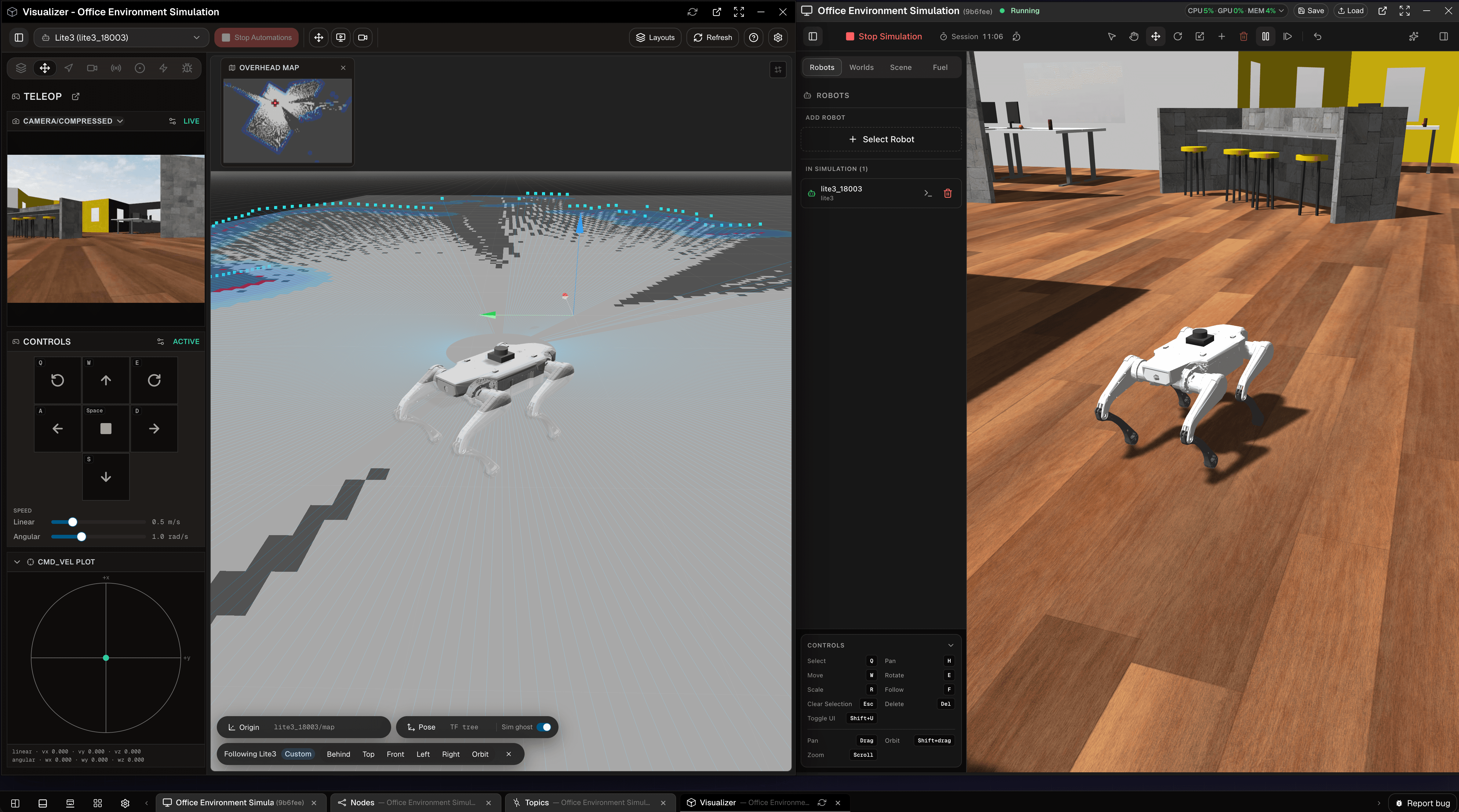 OLO Platform dual-panel view with the browser-based ROS 2 visualiser on the left showing a DEEP Robotics Lite3 quadruped with LiDAR point cloud overlay and overhead map, alongside the Ignition Gazebo 3D simulation on the right rendering the same quadruped in a furnished office environment with wooden floors and bar-height seating   |   Caption: OLO Platform &mdash; Office Environment Simulation: browser-based ROS 2 visualiser alongside Ignition Gazebo 3D render of DEEP Robotics Lite3 in a simulated office